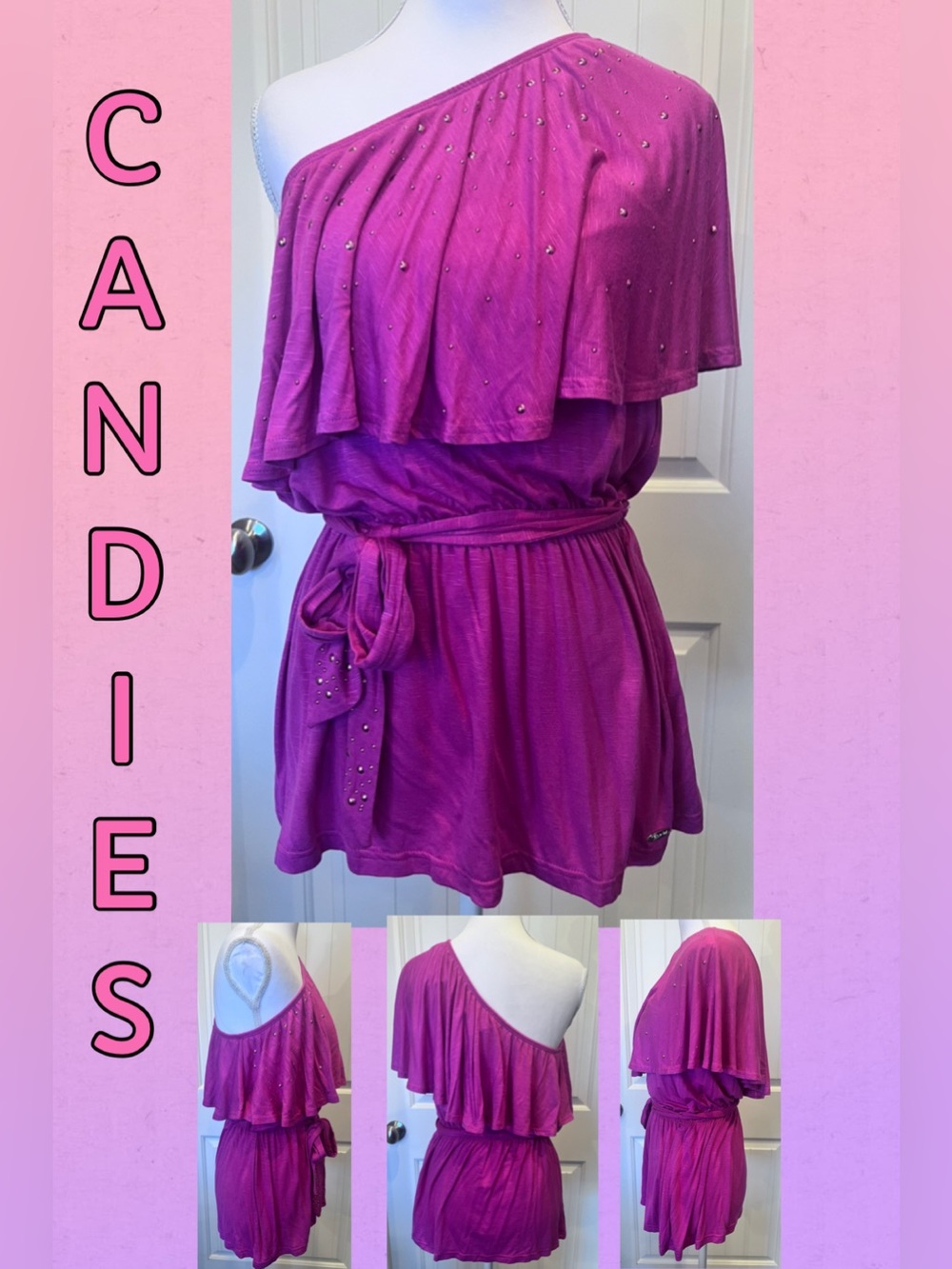 Candies NWT Y2K Pink Off Shoulder Top Bling Studs at top & on belt Elastic waist